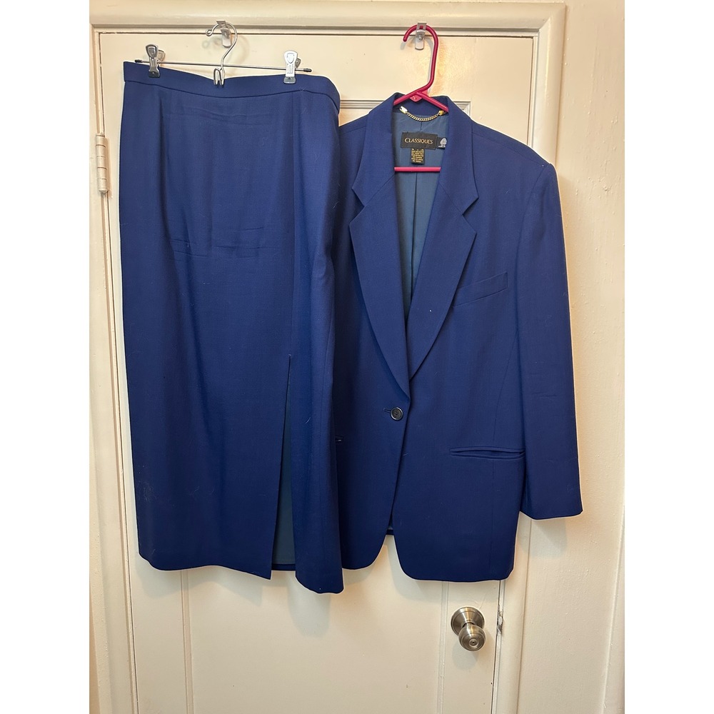 Classiques Vintage Navy Blue 100% Pure Wool Skirt Suit Blazer Set‎ Made in Japan